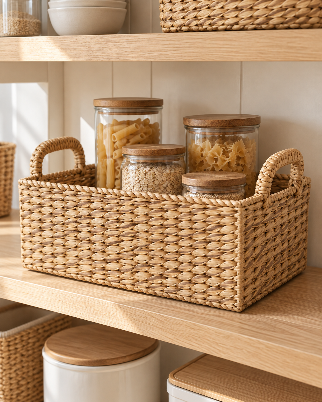 Bondi seagrass shelf basket holding pantry jars on an oak shelf