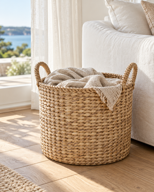 Byron seagrass basket holding a throw in a light coastal living room