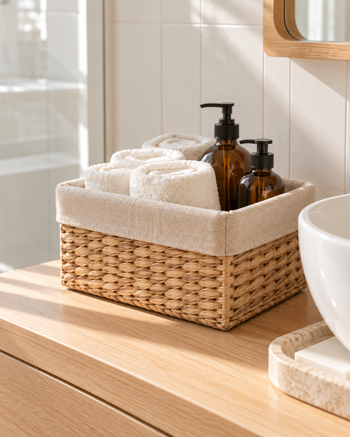 Coogee lined seagrass basket holding towels and soap bottles in a bathroom