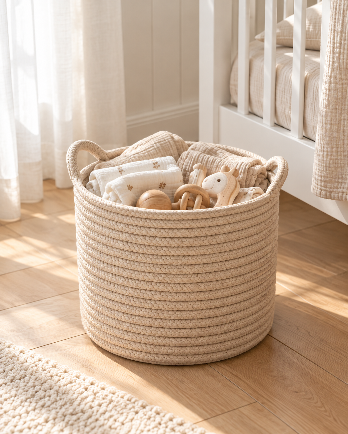 Lorne cotton rope basket holding baby blankets and toys in a nursery