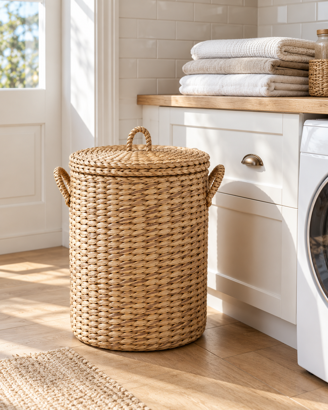 Noosa lidded seagrass basket in a bright laundry room
